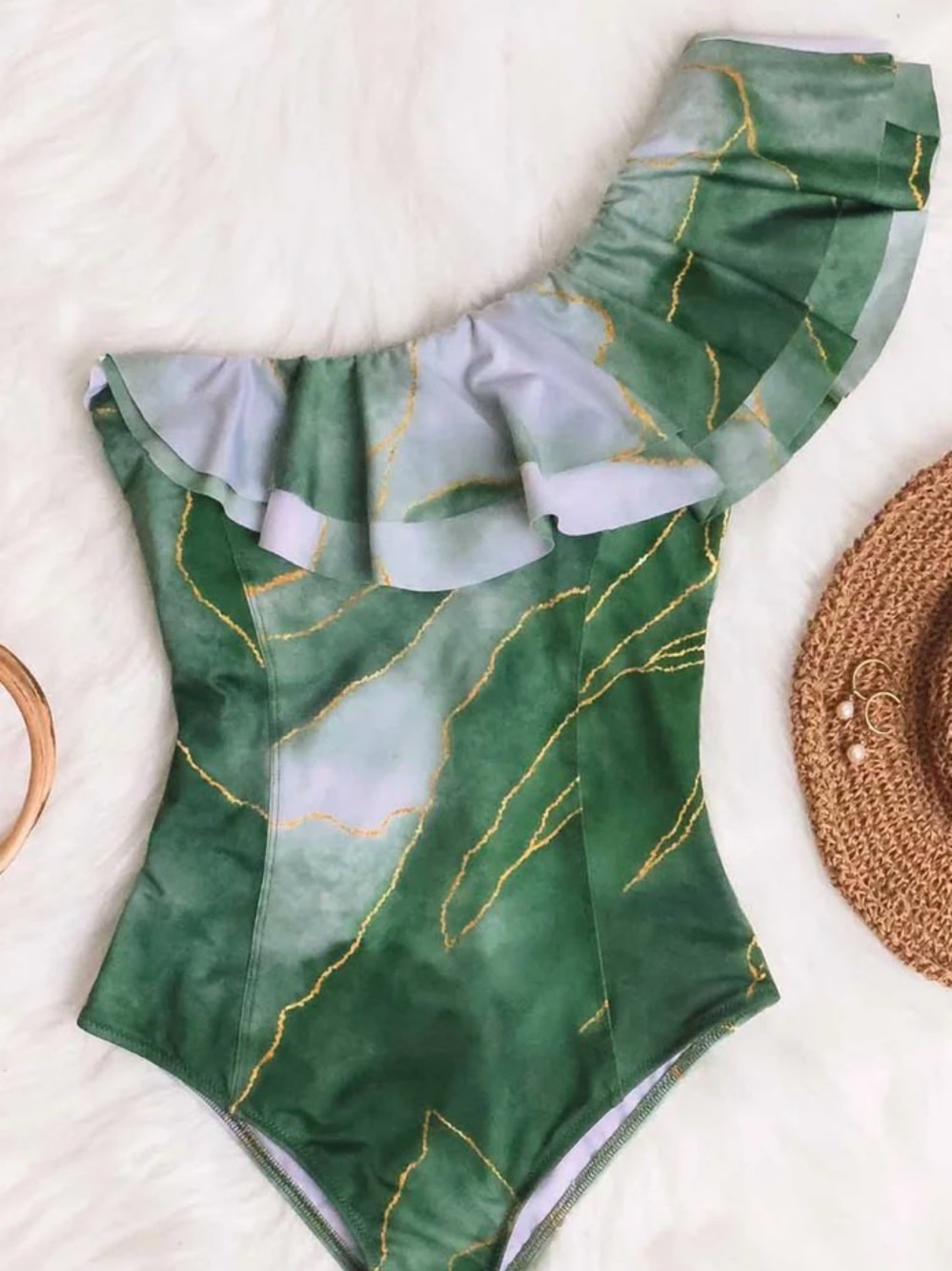 Averie One-Shoulder Green Marble Ruffle Swimsuit